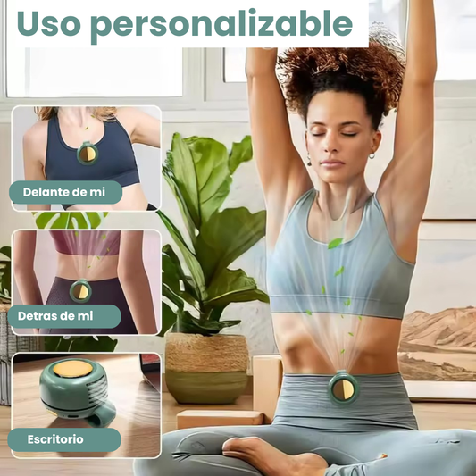 Mini ventilador portátil de clip visto de frente, detrás y sobre escritorio — diferentes ángulos