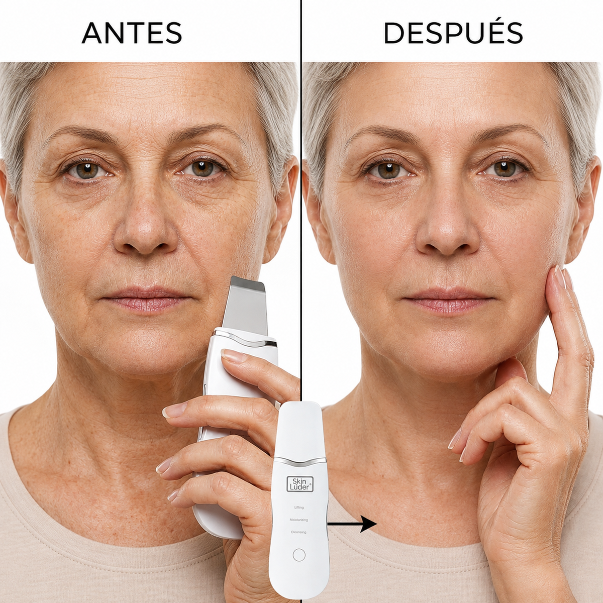 "Resultado antes y después del limpiador facial ultrasónico: piel más firme y luminosa tras su uso regular"