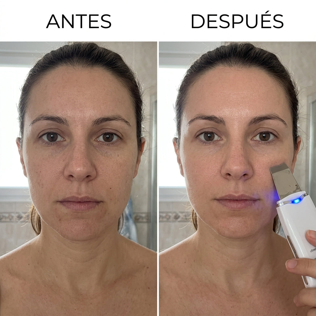 "Resultado antes y después del limpiador facial ultrasónico: piel más firme y luminosa tras su uso regular"