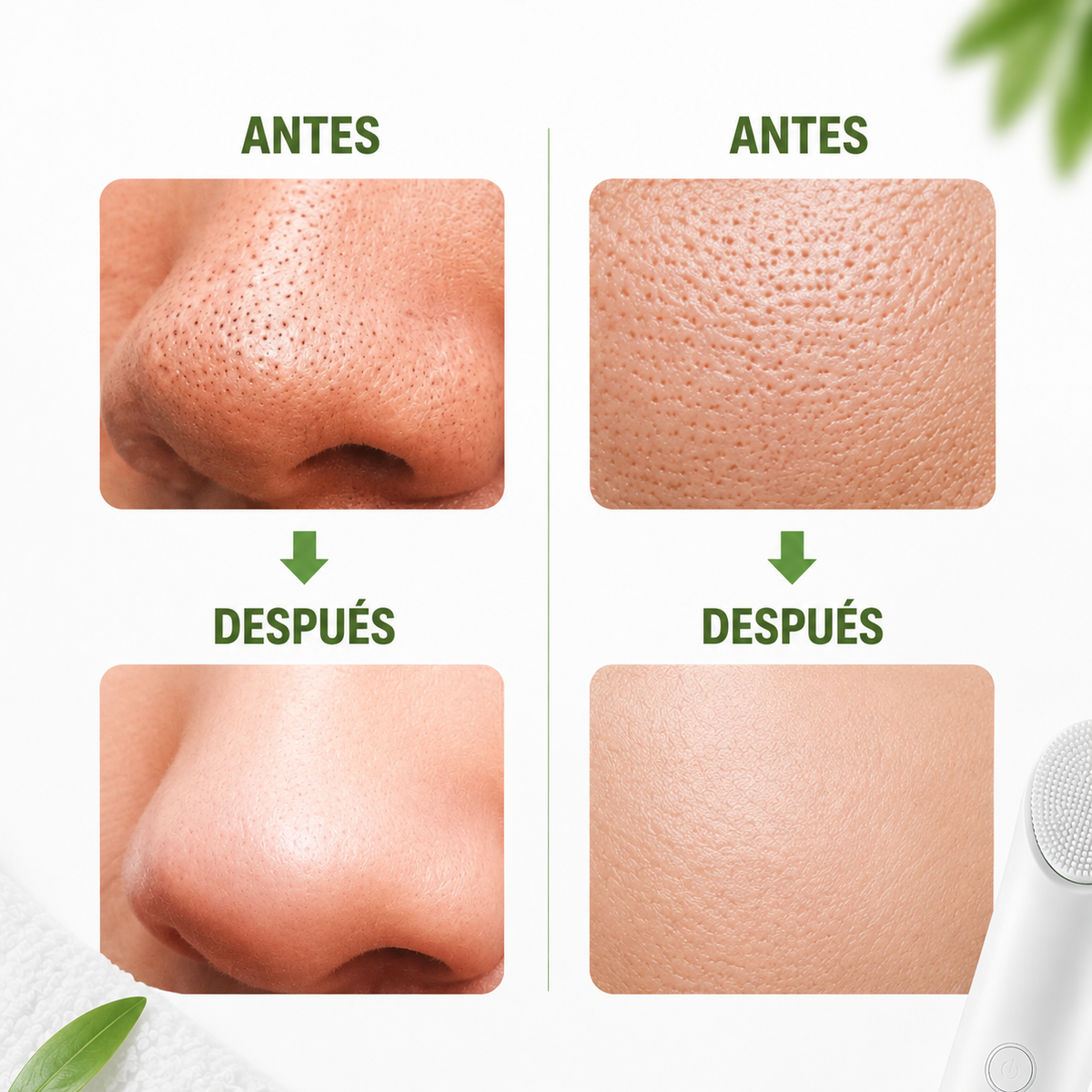 "Antes y después limpiador facial ultrasónico: poros obstruidos vs poros limpios y reducidos tras su uso"