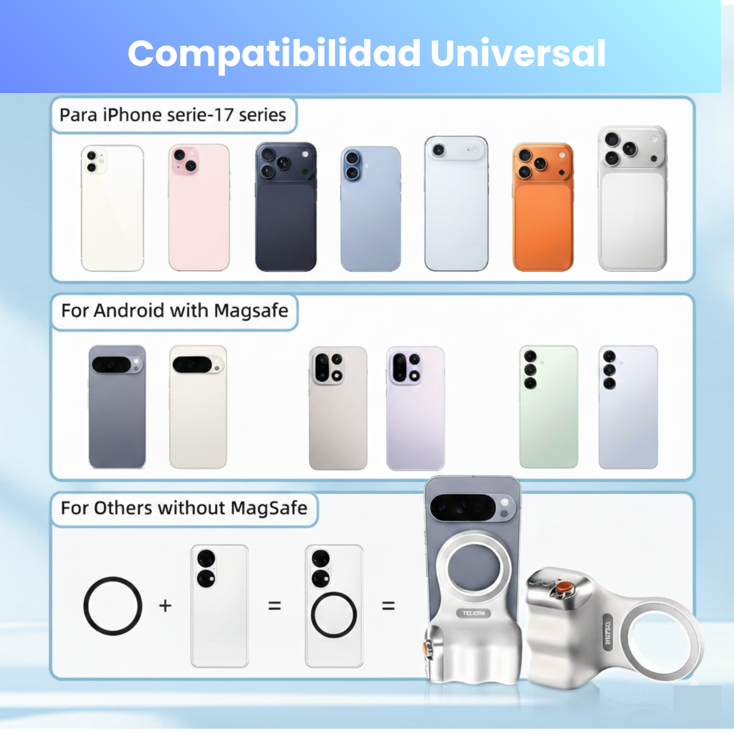 Compatibilidad universal grip magnético TELESIN con iPhone MagSafe y Android