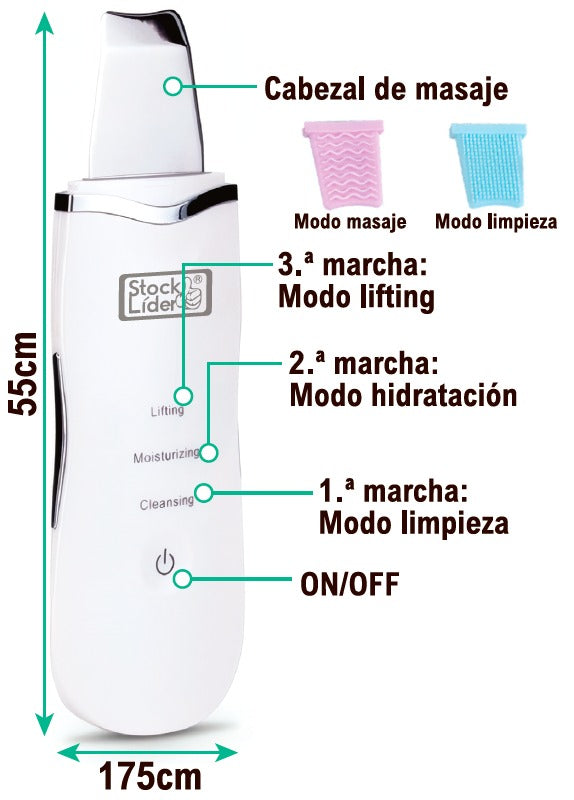 Limpiador facial ultrasónico portátil con modos limpieza, hidratación y masaje, medidas 55x175mm