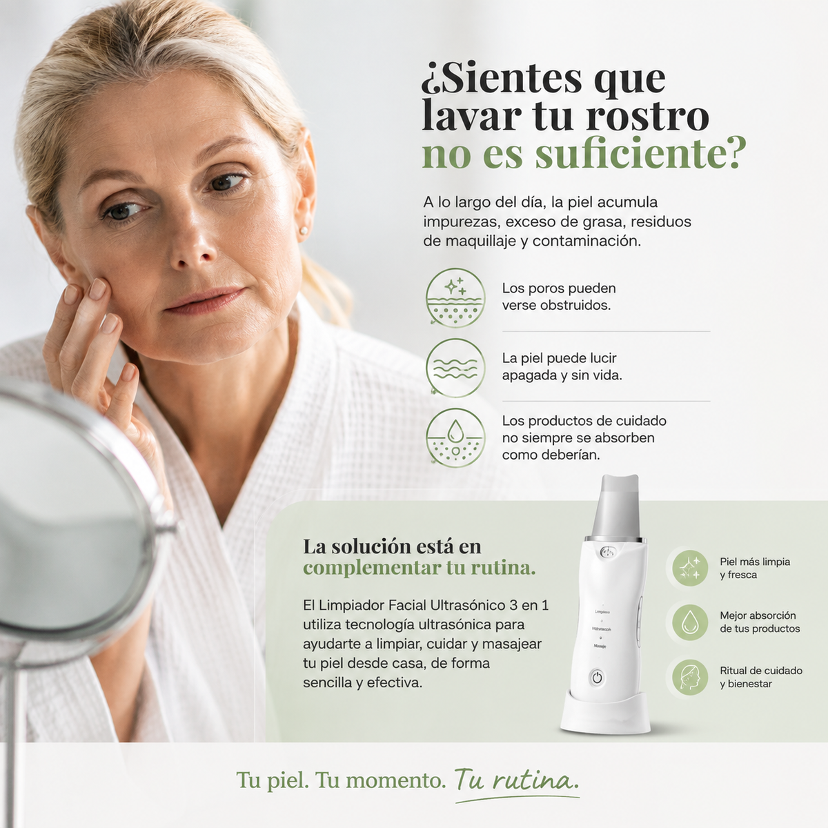 Limpiador facial ultrasónico 3 en 1 para limpieza profunda de poros y rutina de cuidado facial