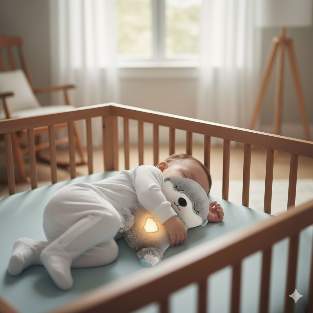 Bebé durmiendo tranquilo abrazando peluche nutria calmante Sleep Buddy
