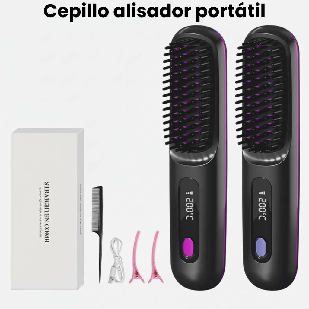 Contenido completo del paquete Novabrush: cepillo alisador, caja, peine y 2 ganchos de pelo incluidos