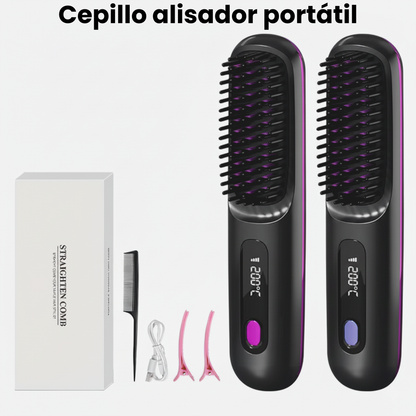 Contenido completo del paquete Novabrush: cepillo alisador, caja, peine y 2 ganchos de pelo incluidos