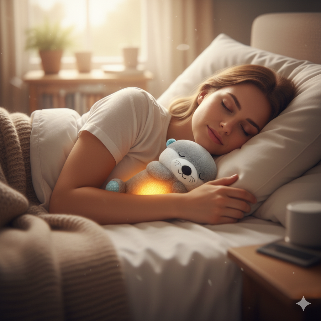 Madre sosteniendo peluche nutria Sleep Buddy para calmar al bebé
