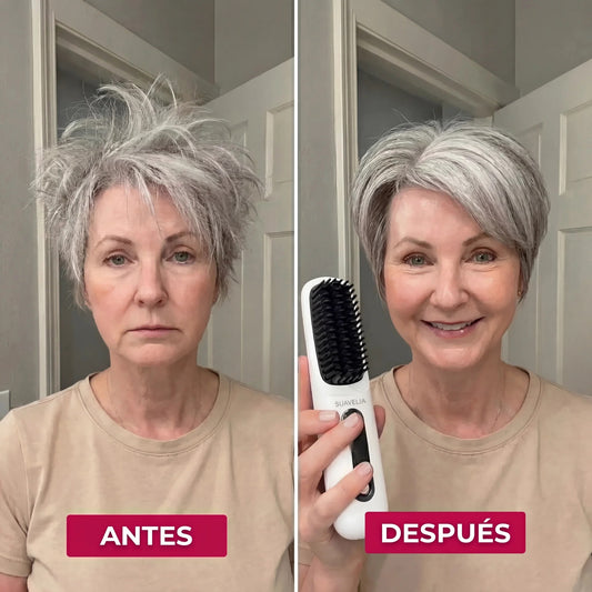 Resultado antes y después del cepillo alisador Novabrush: cabello con frizz vs. cabello liso y brillante